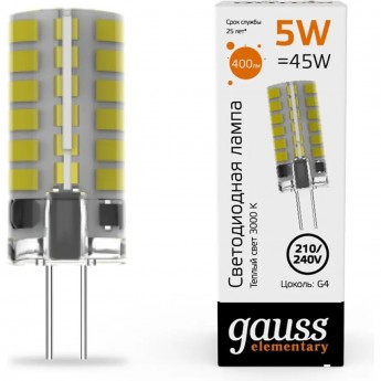 Лампа GAUSS ELEMENTARY G4 AC210-240V 5W 400lm 3000K силикон LED Лампа GAUSS ELEMENTARY G4 AC210-240V 5W 400lm 3000K силикон LED