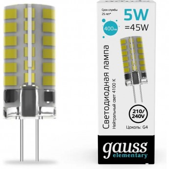 Лампа GAUSS ELEMENTARY G4 AC210-240V 5W 400lm 4100K силикон LED Лампа GAUSS ELEMENTARY G4 AC210-240V 5W 400lm 4100K силикон LED