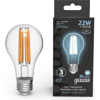 Лампа GAUSS FILAMENT А70 22W 2100lm 4100К Е27 LED Лампа GAUSS FILAMENT А70 22W 2100lm 4100К Е27 LED