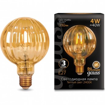 Лампа GAUSS FILAMENT G100 4W 380lm 2400К Е27 golden Baloon LED