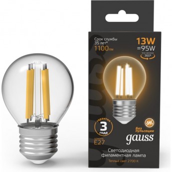 Лампа GAUSS FILAMENT Шар 13W 1100lm 2700К Е27 LED Лампа GAUSS FILAMENT Шар 13W 1100lm 2700К Е27 LED