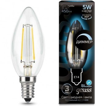 Лампа GAUSS FILAMENT Свеча 5W 450lm 4100К Е14 диммируемая LED Лампа GAUSS FILAMENT Свеча 5W 450lm 4100К Е14 диммируемая LED