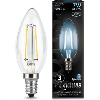 Лампа GAUSS FILAMENT Свеча 7W 580lm 4100К Е14 LED Лампа GAUSS FILAMENT Свеча 7W 580lm 4100К Е14 LED