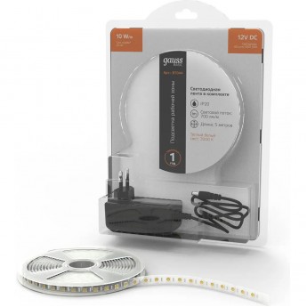 Лента GAUSS BASIC LED 5050/60 12V 10W/m 700lm/m 3000K 10mm IP20 5m 1/50 Лента GAUSS BASIC LED 5050/60 12V 10W/m 700lm/m 3000K 10mm IP20 5m 1/50
