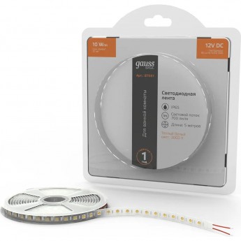 Лента GAUSS BASIC LED 5050/60 12V 10W/m 700lm/m 3000K 10mm IP65 5m Лента GAUSS BASIC LED 5050/60 12V 10W/m 700lm/m 3000K 10mm IP65 5m