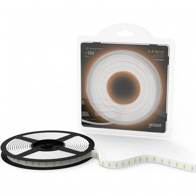 Лента GAUSS LED 2835/60-SMD 4.8W 12V DC теплый белый (блистер 5м) 312000105