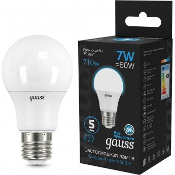 Светодиодная лампа GAUSS A60 7W 710lm 6500K E27 LED 1/10/50